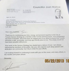 Thank you letter from Councillor Josh Matlow